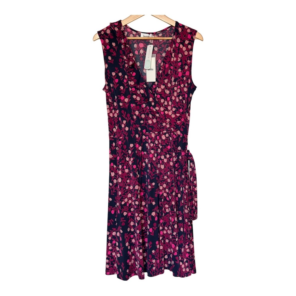 Leota Aneeka Knit Faux Wrap Dress Women XL Dark Purple Floral Ruffle Midi NEW - Picture 2 of 7